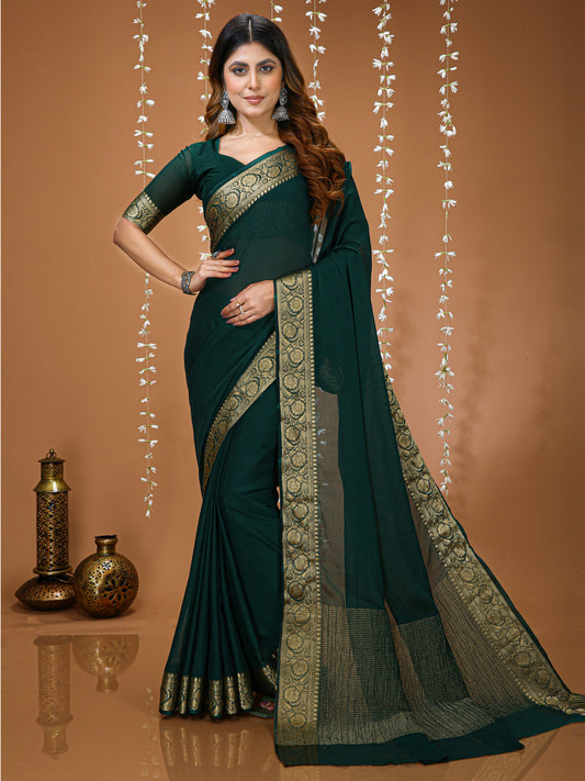 Green Chinon Jacquard Saree with Matching Blouse