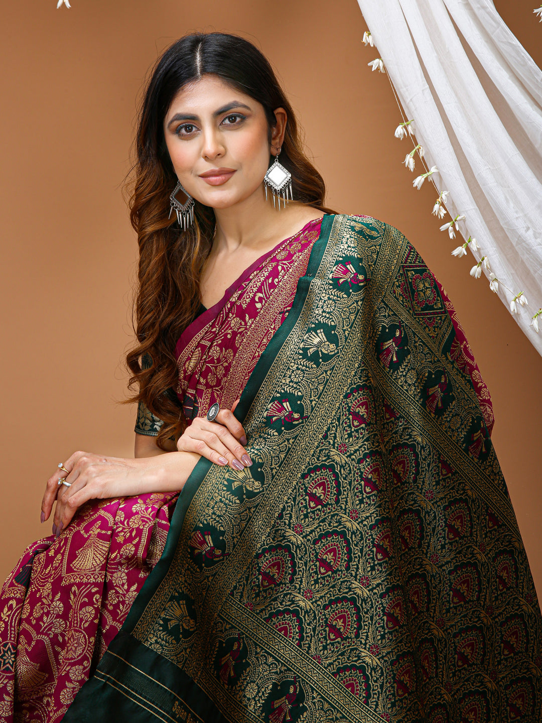 Magenta Lichi Silk Jacquard Weaving Saree with Contrast Blouse