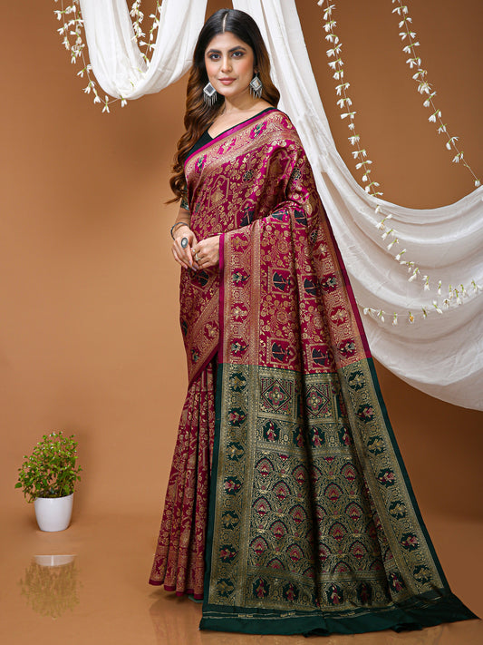 Magenta Lichi Silk Jacquard Weaving Saree with Contrast Blouse