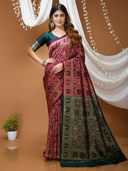 Magenta Lichi Silk Jacquard Weaving Saree with Contrast Blouse