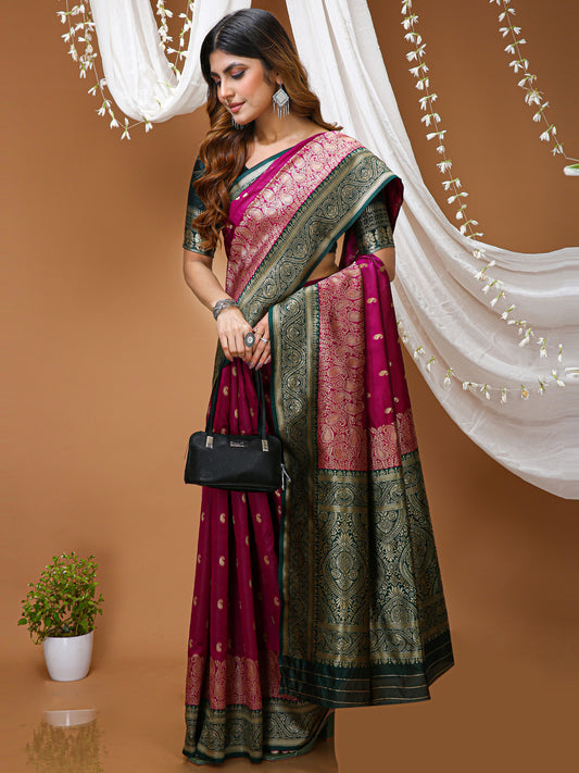 Magenta Lichi Silk Kanchipuram Saree with Rich Jacquard Border