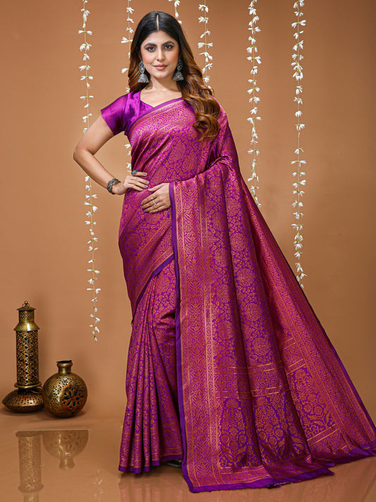 Magenta Kanchipuram Lichi Silk Saree with Jacquard Border Blouse