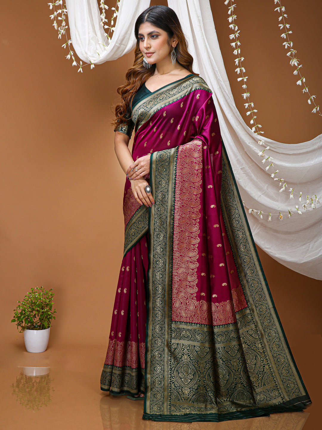 Magenta Lichi Silk Kanchipuram Saree with Rich Jacquard Border