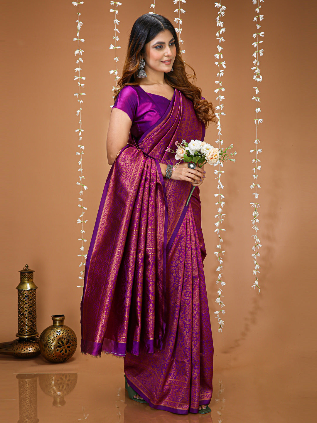 Magenta Kanchipuram Lichi Silk Saree with Jacquard Border Blouse