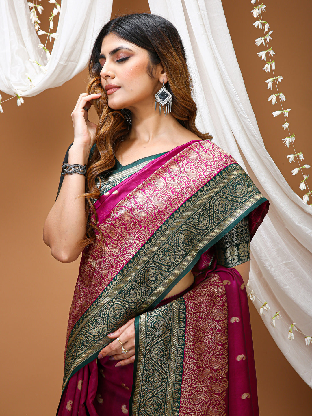 Magenta Lichi Silk Kanchipuram Saree with Rich Jacquard Border