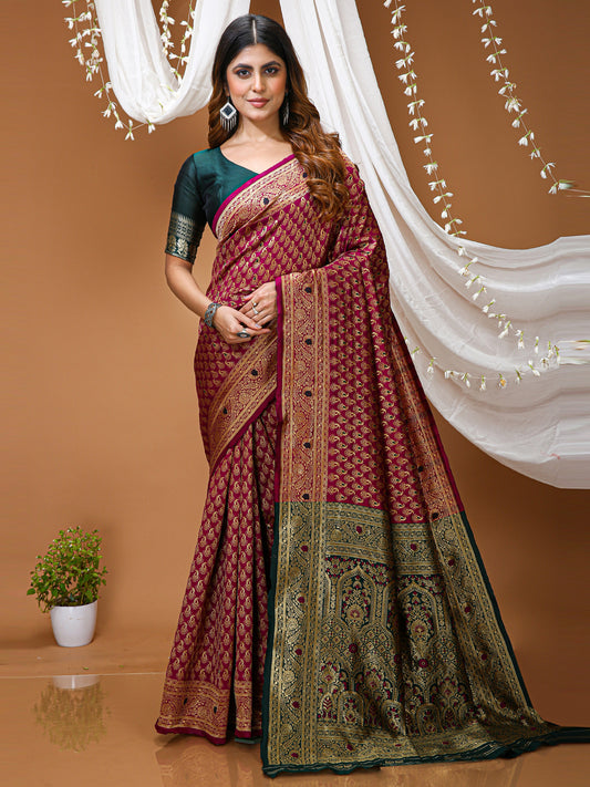 Magenta Lichi Silk Jacquard Saree with Beautiful Rich Pallu
