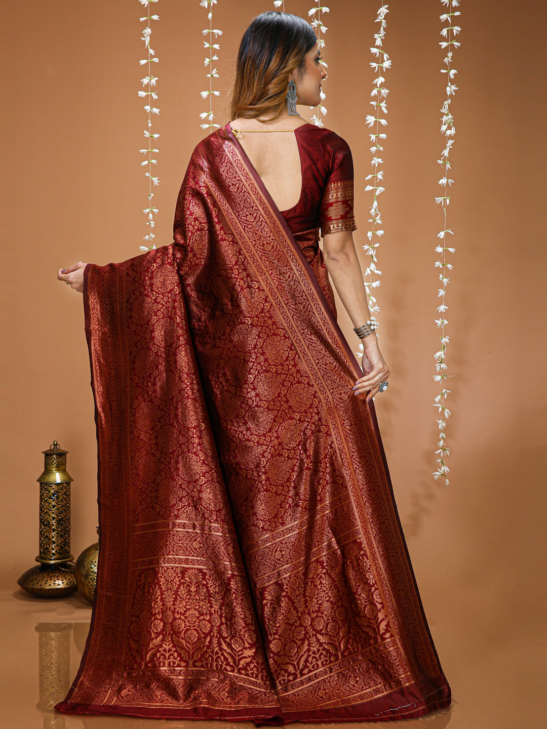 Maroon Kanchipuram Lichi Silk Saree with Jacquard Border Blouse