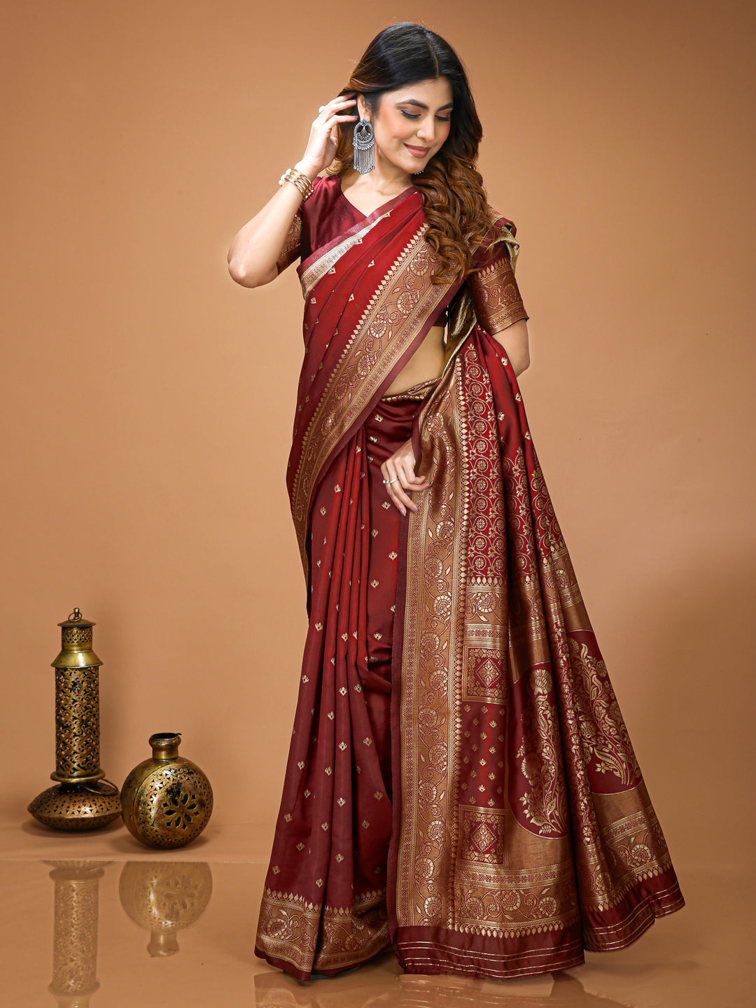 Maroon Lichi Silk Saree with Elegant Butta Work & Rich Pallu