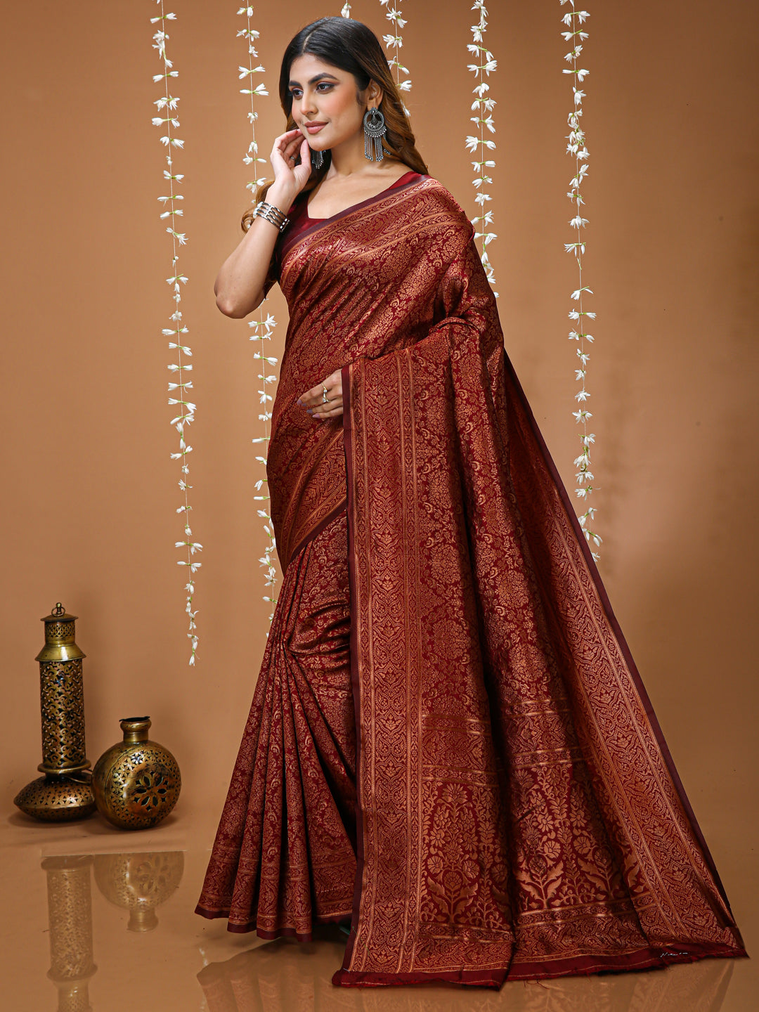 Maroon Kanchipuram Lichi Silk Saree with Jacquard Border Blouse