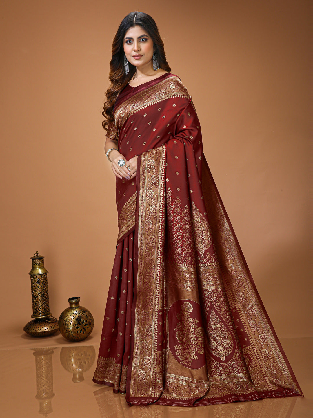 Maroon Lichi Silk Saree with Elegant Butta Work & Rich Pallu