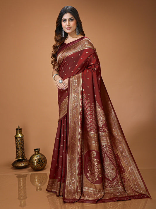 Maroon Lichi Silk Saree with Elegant Butta Work & Rich Pallu