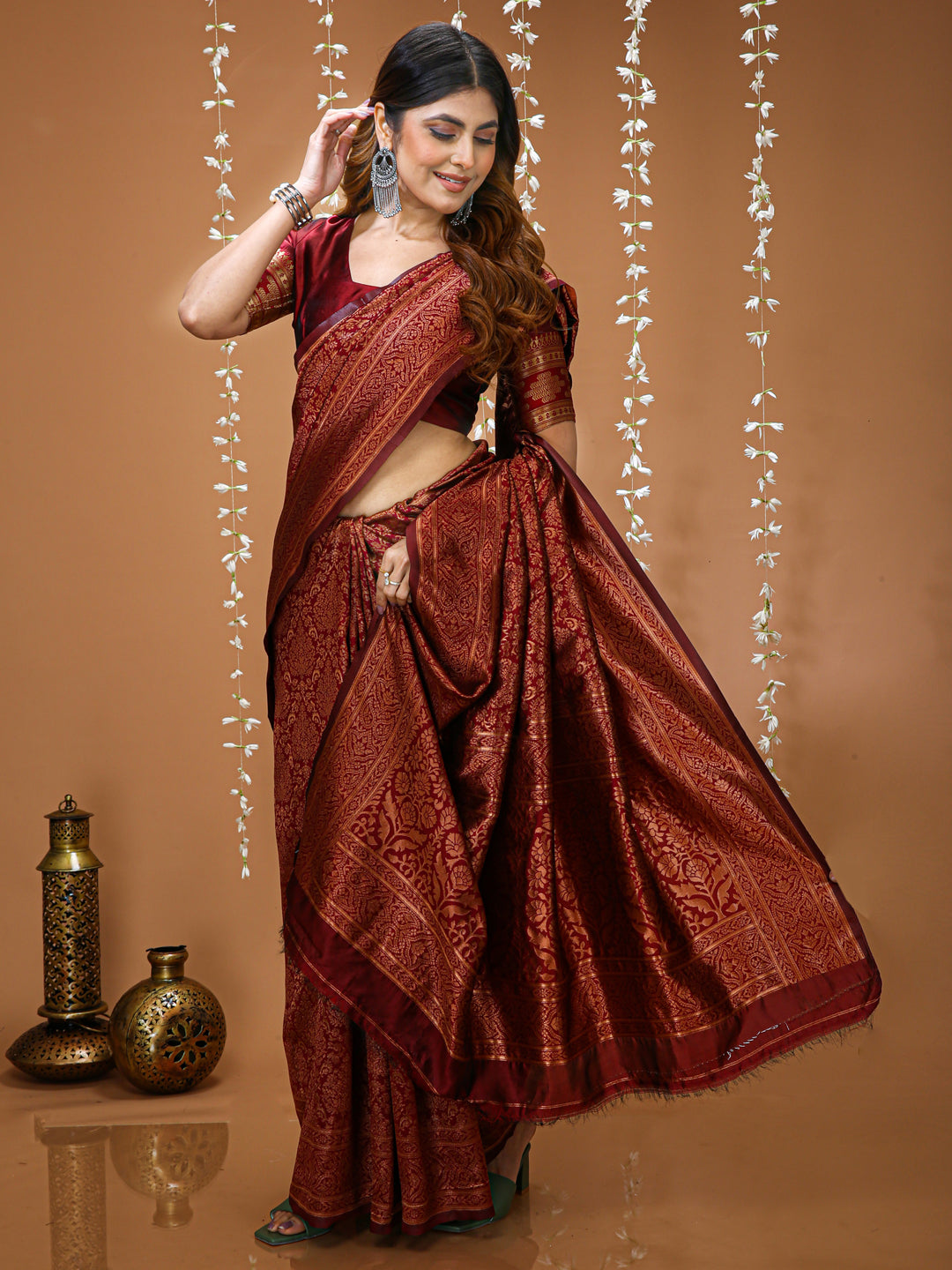 Maroon Kanchipuram Lichi Silk Saree with Jacquard Border Blouse
