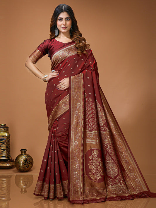 Maroon Lichi Silk Saree with Elegant Butta Work & Rich Pallu