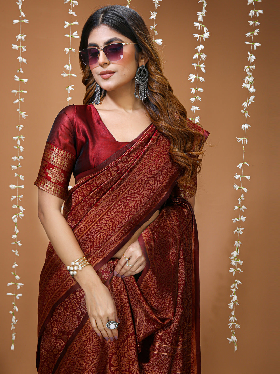 Maroon Kanchipuram Lichi Silk Saree with Jacquard Border Blouse