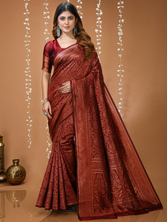 Maroon Kanchipuram Lichi Silk Saree with Jacquard Border Blouse