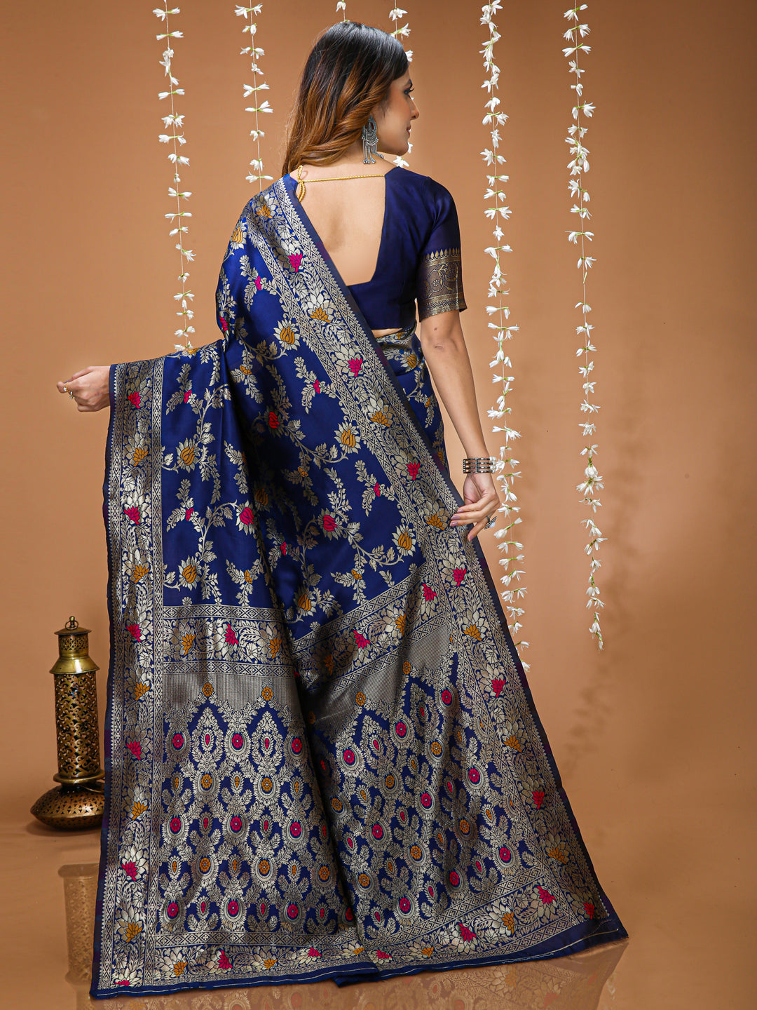 Navy Blue Soft Lichi Silk  Saree with Rich Pallu & Jacquard Border