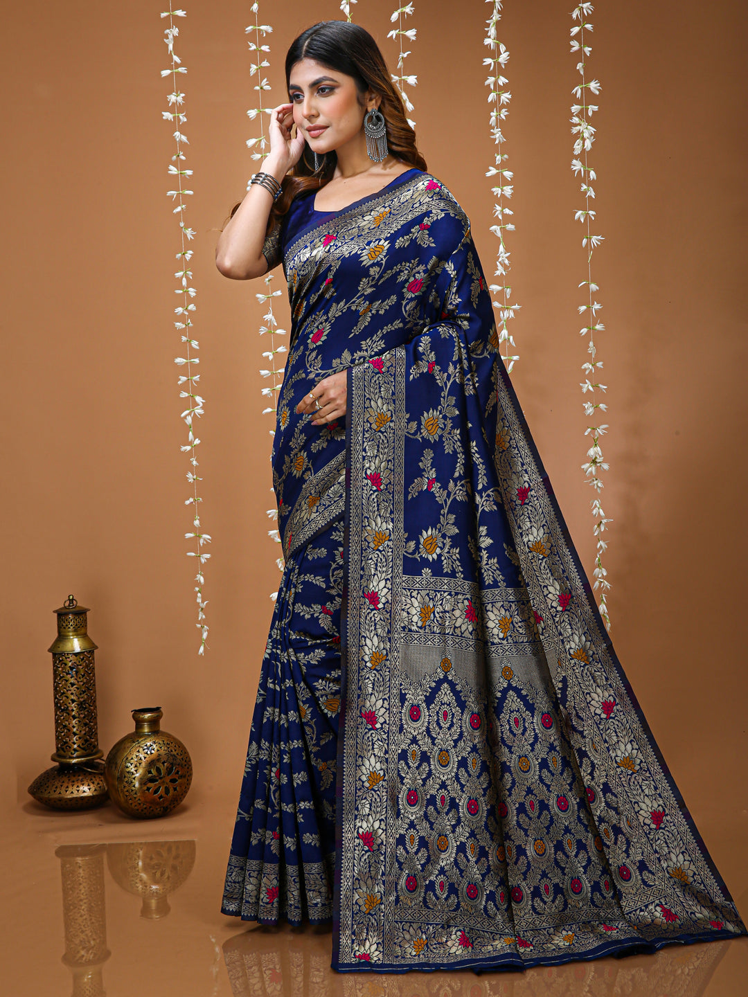 Navy Blue Soft Lichi Silk  Saree with Rich Pallu & Jacquard Border