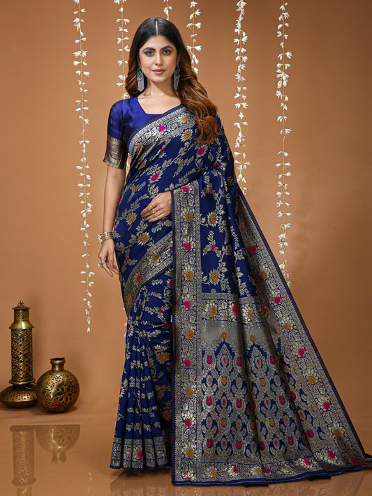 Navy Blue Soft Lichi Silk  Saree with Rich Pallu & Jacquard Border