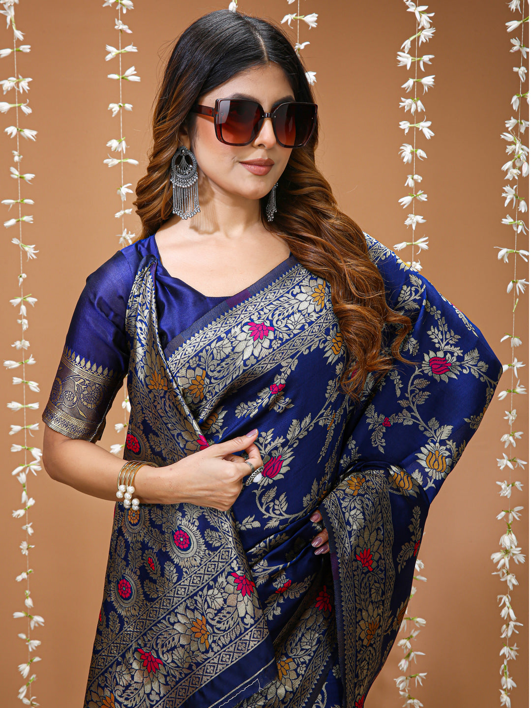 Navy Blue Soft Lichi Silk  Saree with Rich Pallu & Jacquard Border