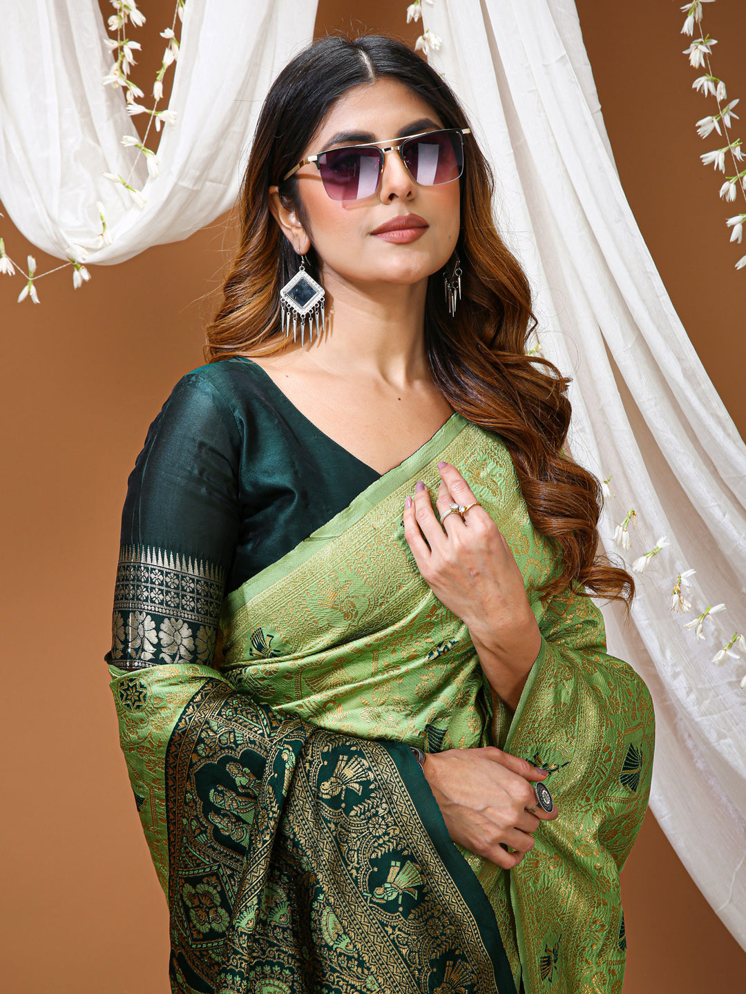 Pista Green Kanchipuram Style Lichi Silk Saree With Jacquard Work