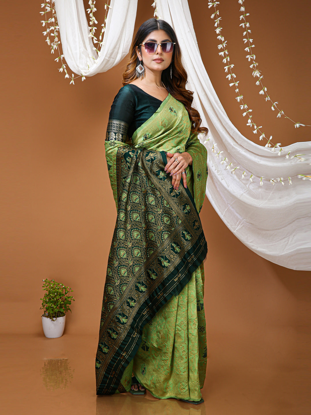 Pista Green Kanchipuram Style Lichi Silk Saree With Jacquard Work