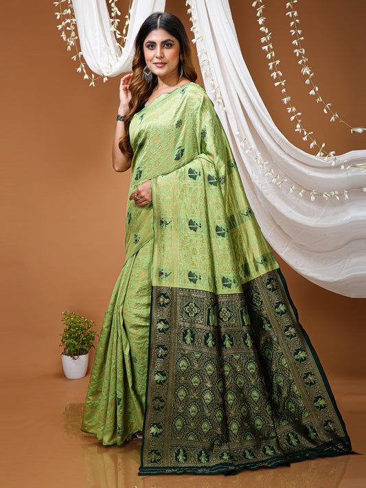 Pista Green Kanchipuram Style Lichi Silk Saree With Jacquard Work