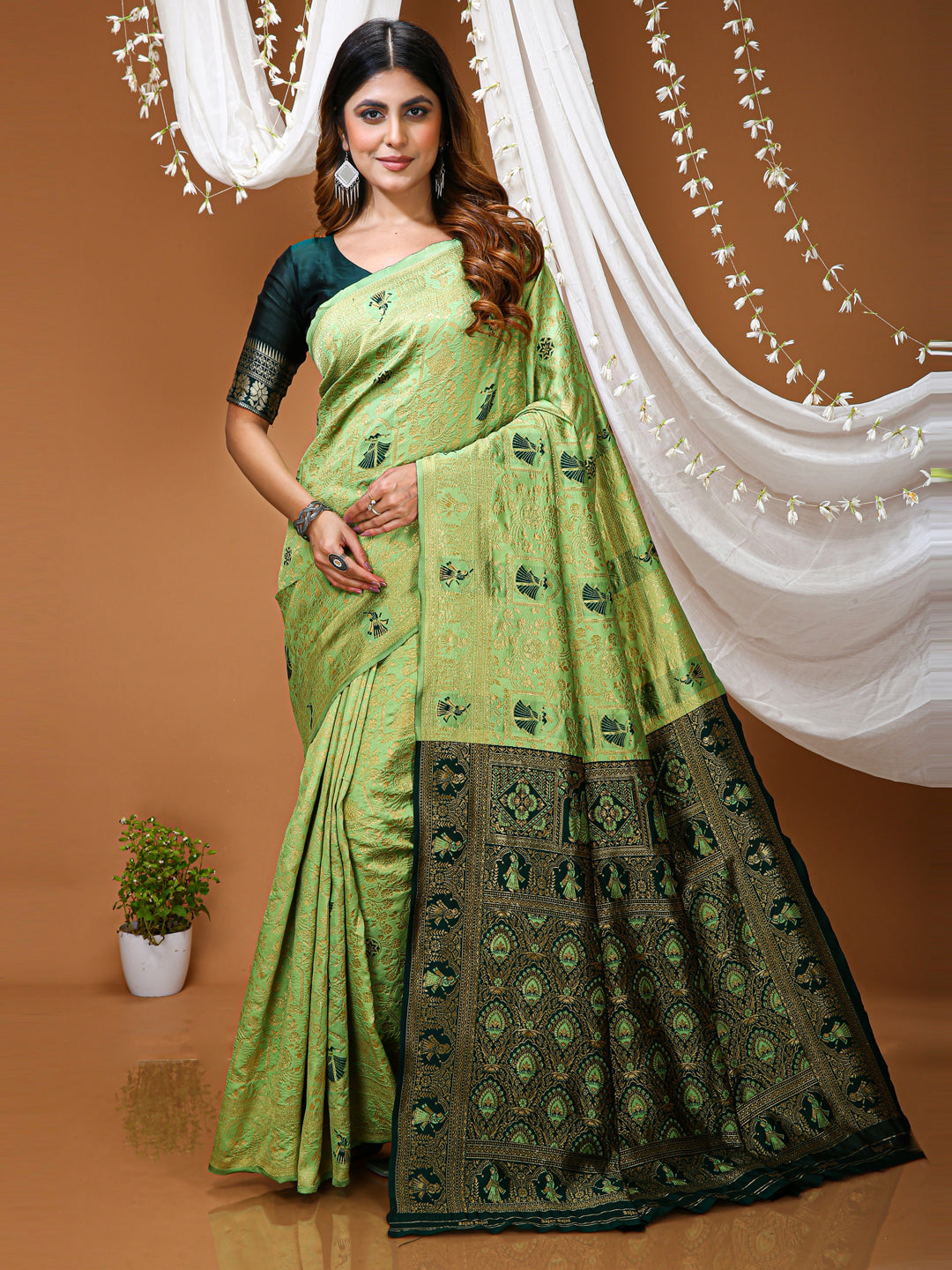 Pista Green Kanchipuram Style Lichi Silk Saree With Jacquard Work
