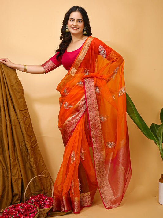 Orange Organza Multi-Sequence Saree with Raw Silk Blouse