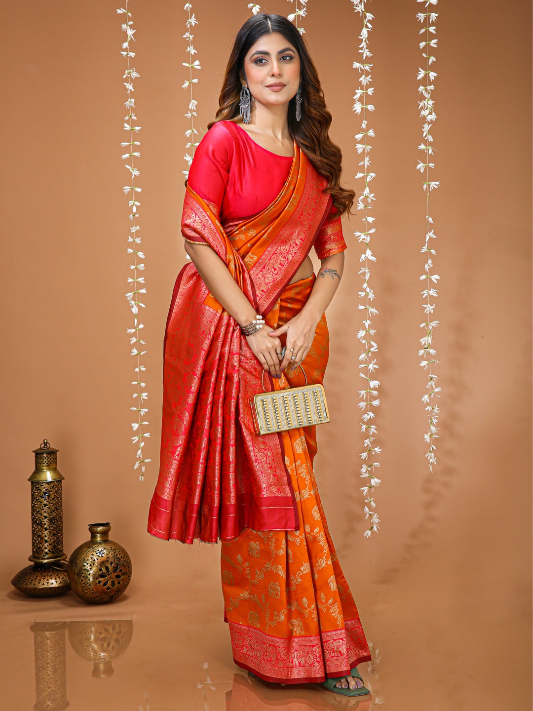 Orange Soft Lichi Silk Kanchipuram Jacquard Saree