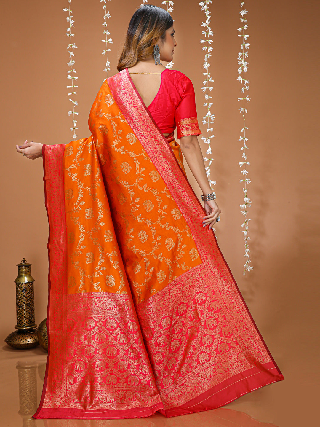 Orange Soft Lichi Silk Kanchipuram Jacquard Saree