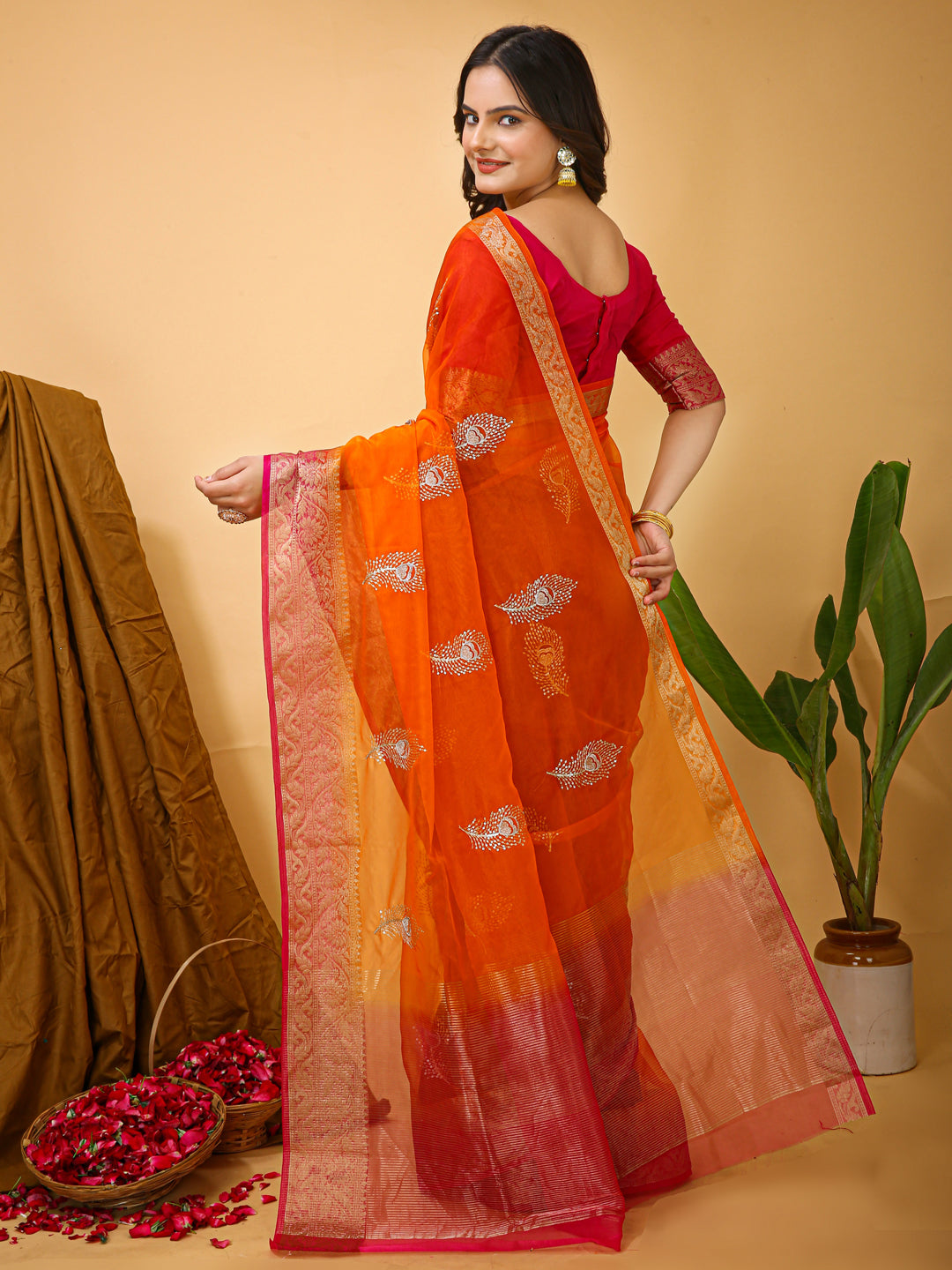 Orange Organza Multi-Sequence Saree with Raw Silk Blouse