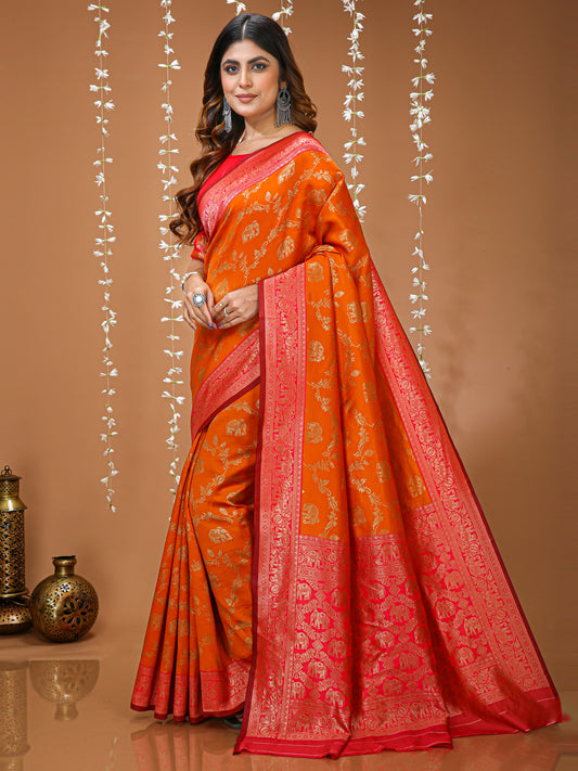 Orange Soft Lichi Silk Kanchipuram Jacquard Saree