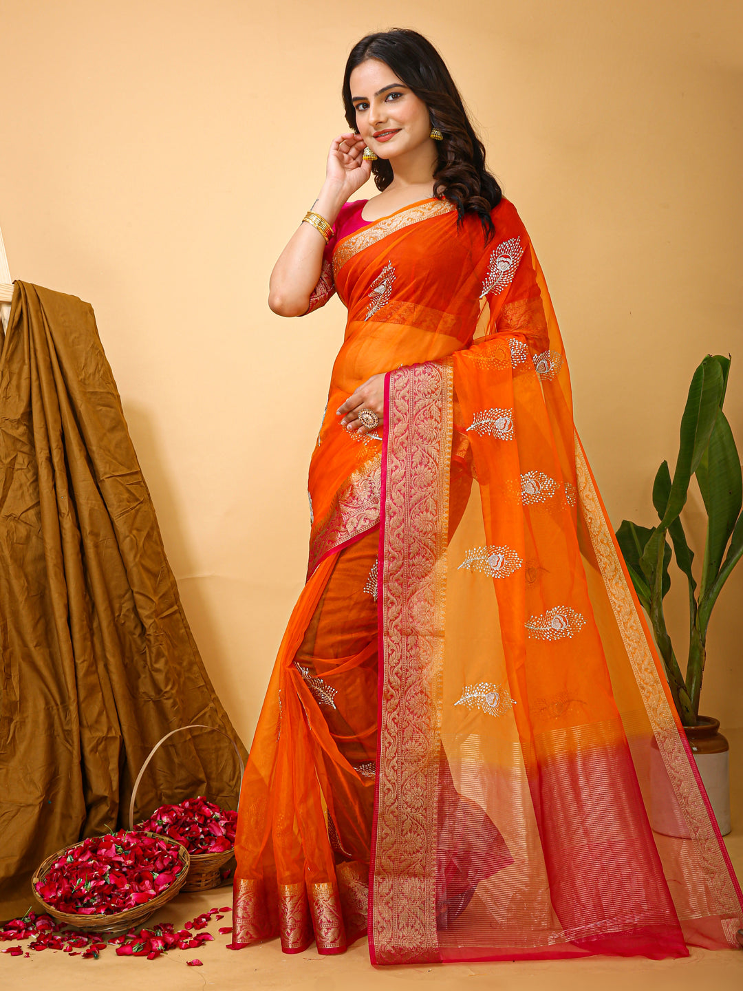 Orange Organza Multi-Sequence Saree with Raw Silk Blouse