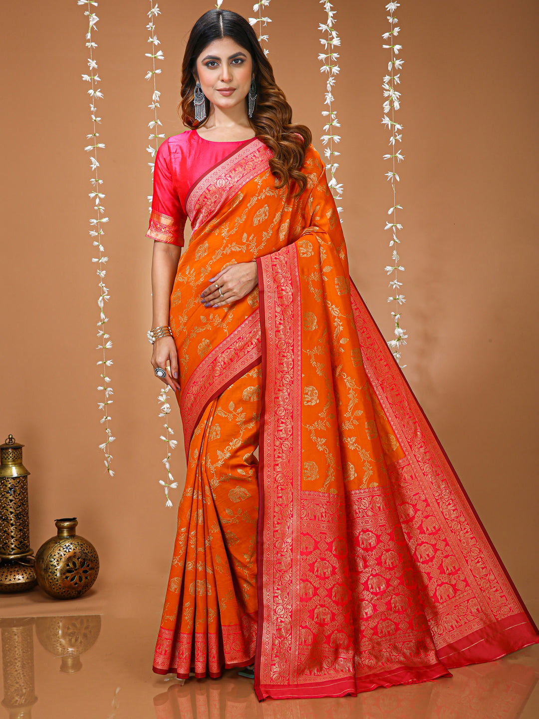Orange Soft Lichi Silk Kanchipuram Jacquard Saree