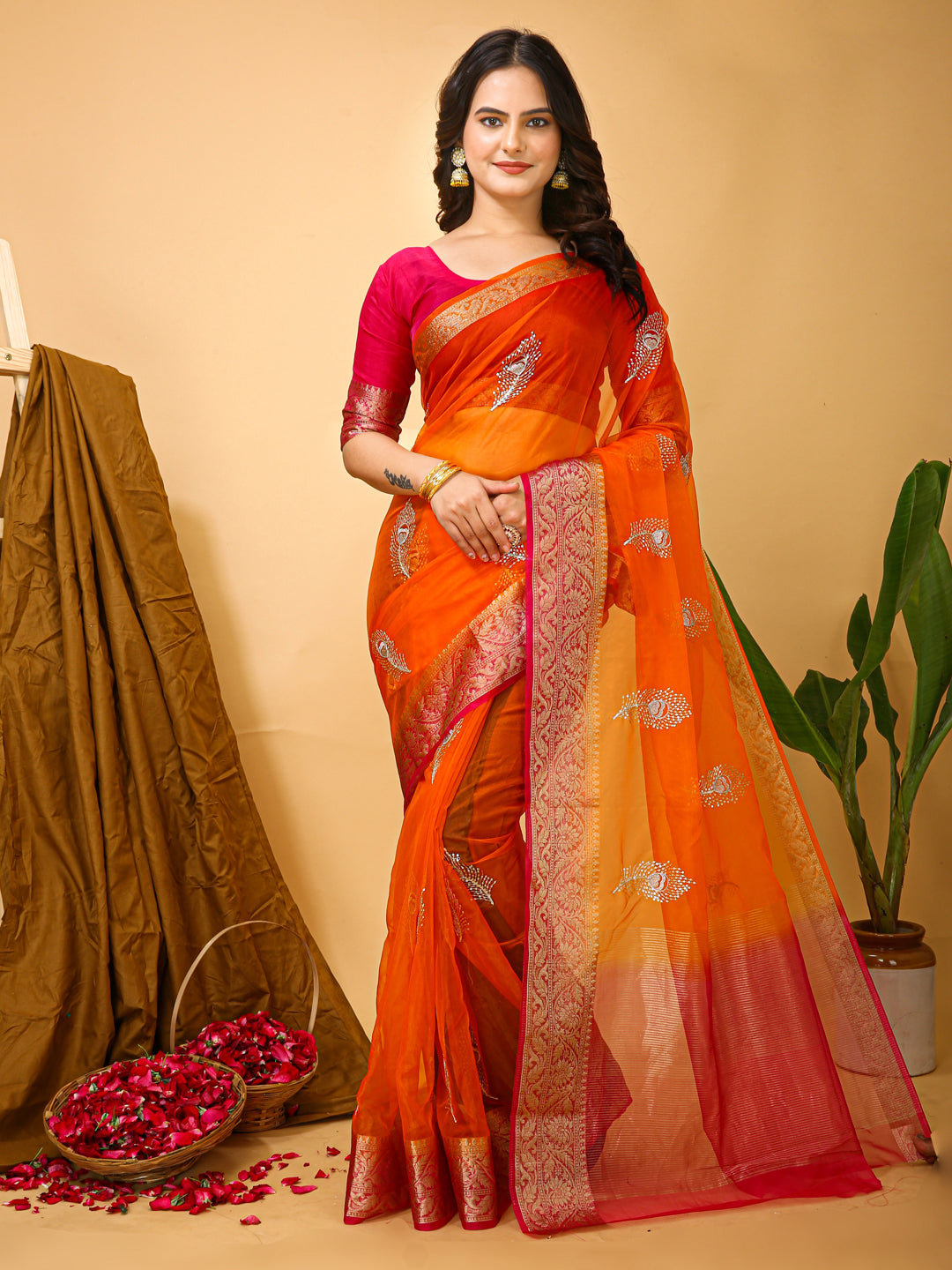 Orange Organza Multi-Sequence Saree with Raw Silk Blouse