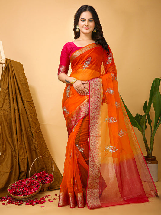 Orange Organza Multi-Sequence Saree with Raw Silk Blouse