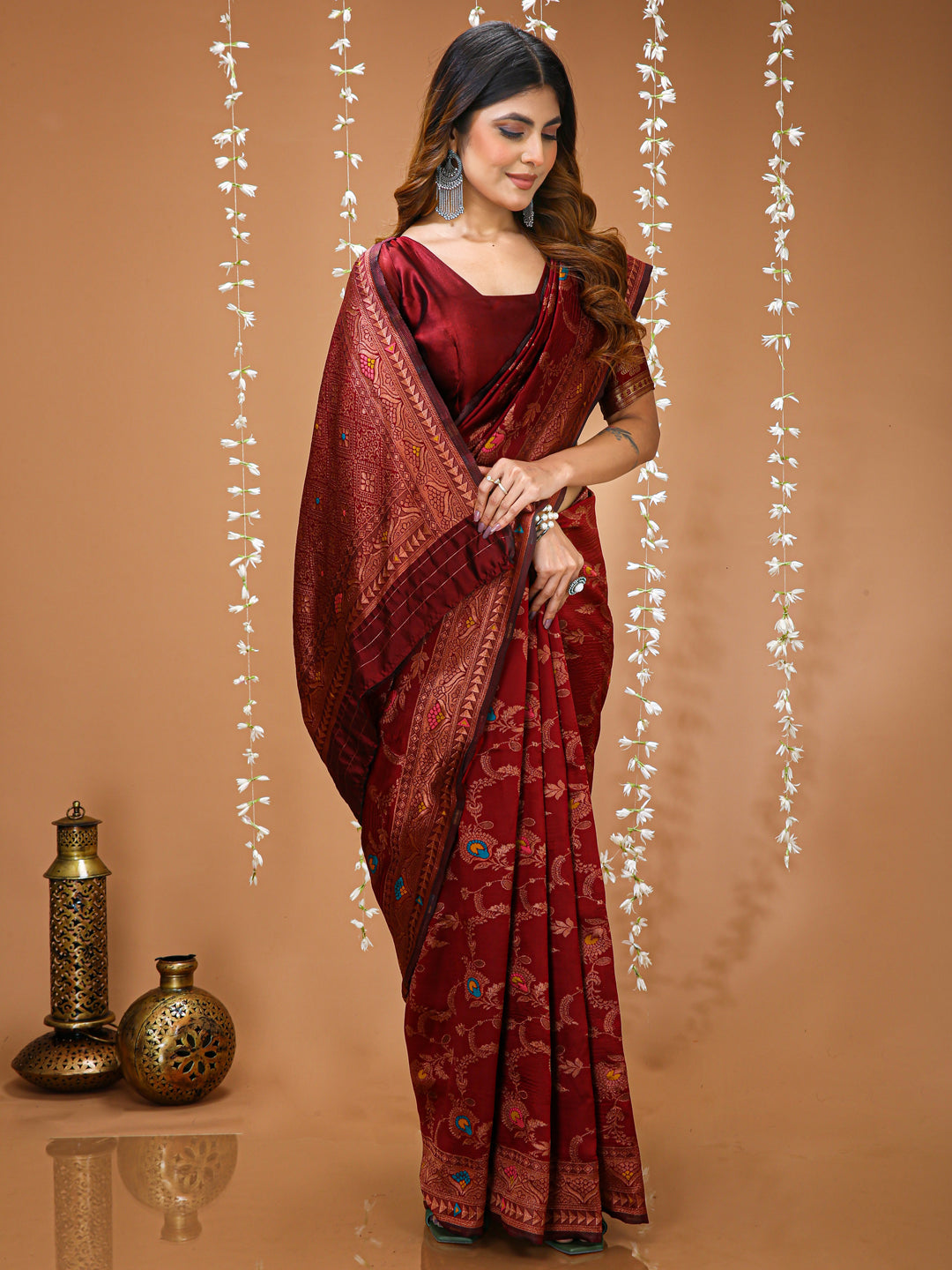 Maroon Soft Lichi Silk Kanchipuram Jacquard Saree with Rich Pallu