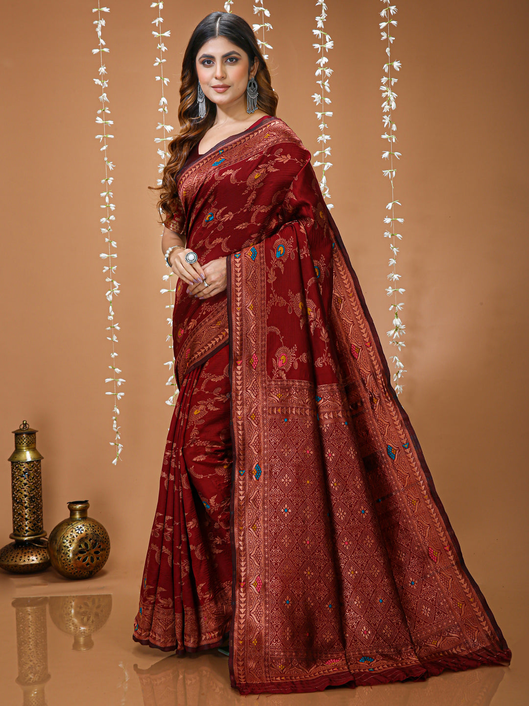 Maroon Soft Lichi Silk Kanchipuram Jacquard Saree with Rich Pallu