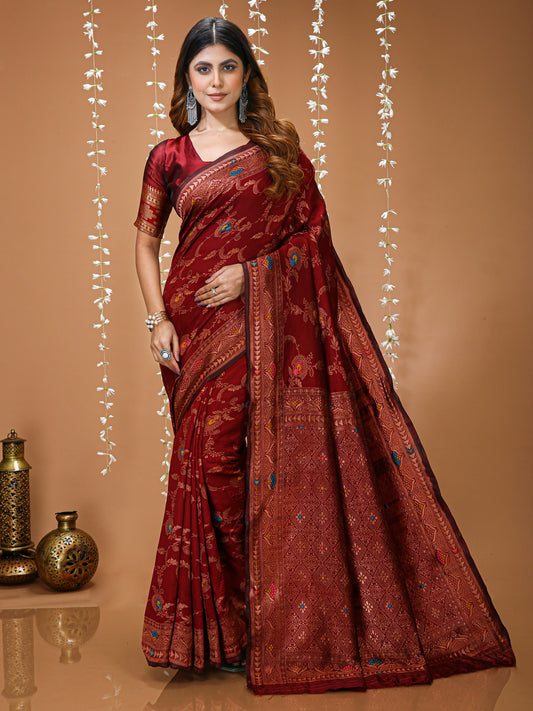 Maroon Soft Lichi Silk Kanchipuram Jacquard Saree with Rich Pallu