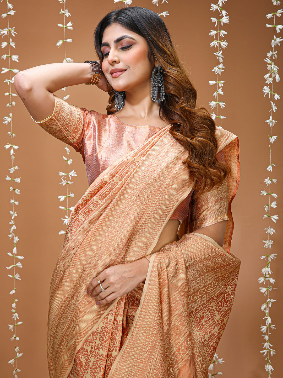 Peach Lichi Silk Jacquard Saree with Elegant Border