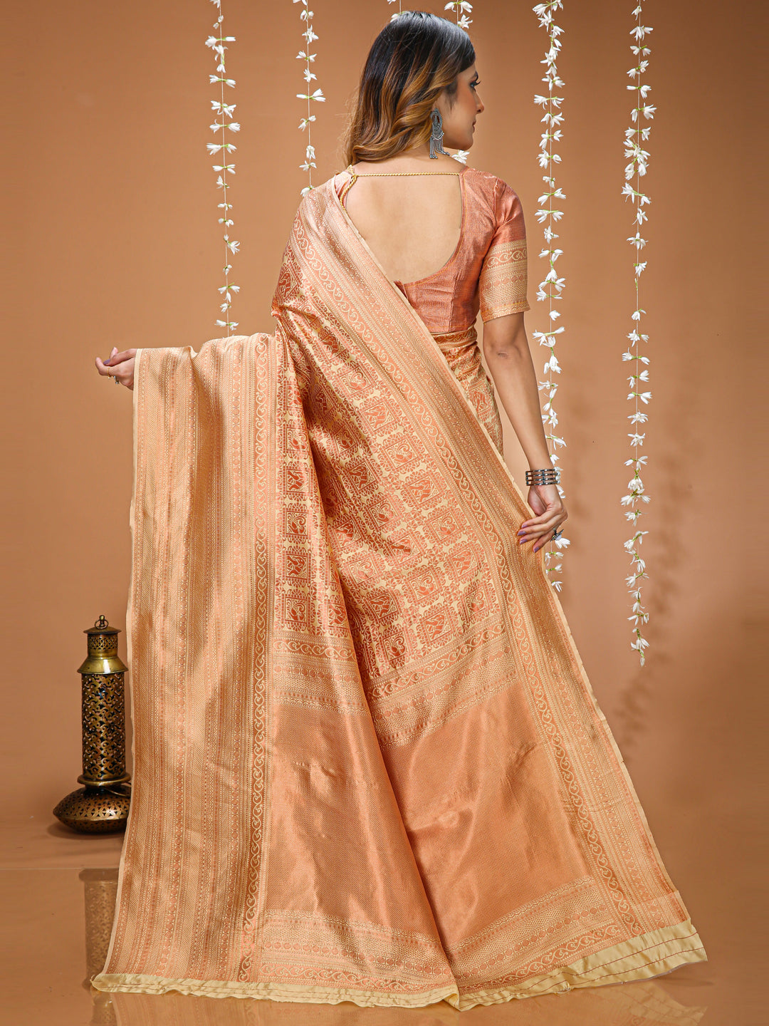 Peach Lichi Silk Jacquard Saree with Elegant Border