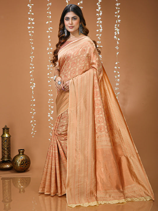 Peach Lichi Silk Jacquard Saree with Elegant Border