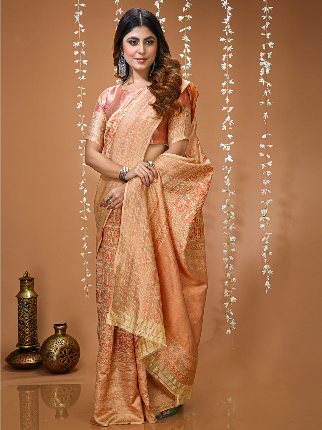 Peach Lichi Silk Jacquard Saree with Elegant Border