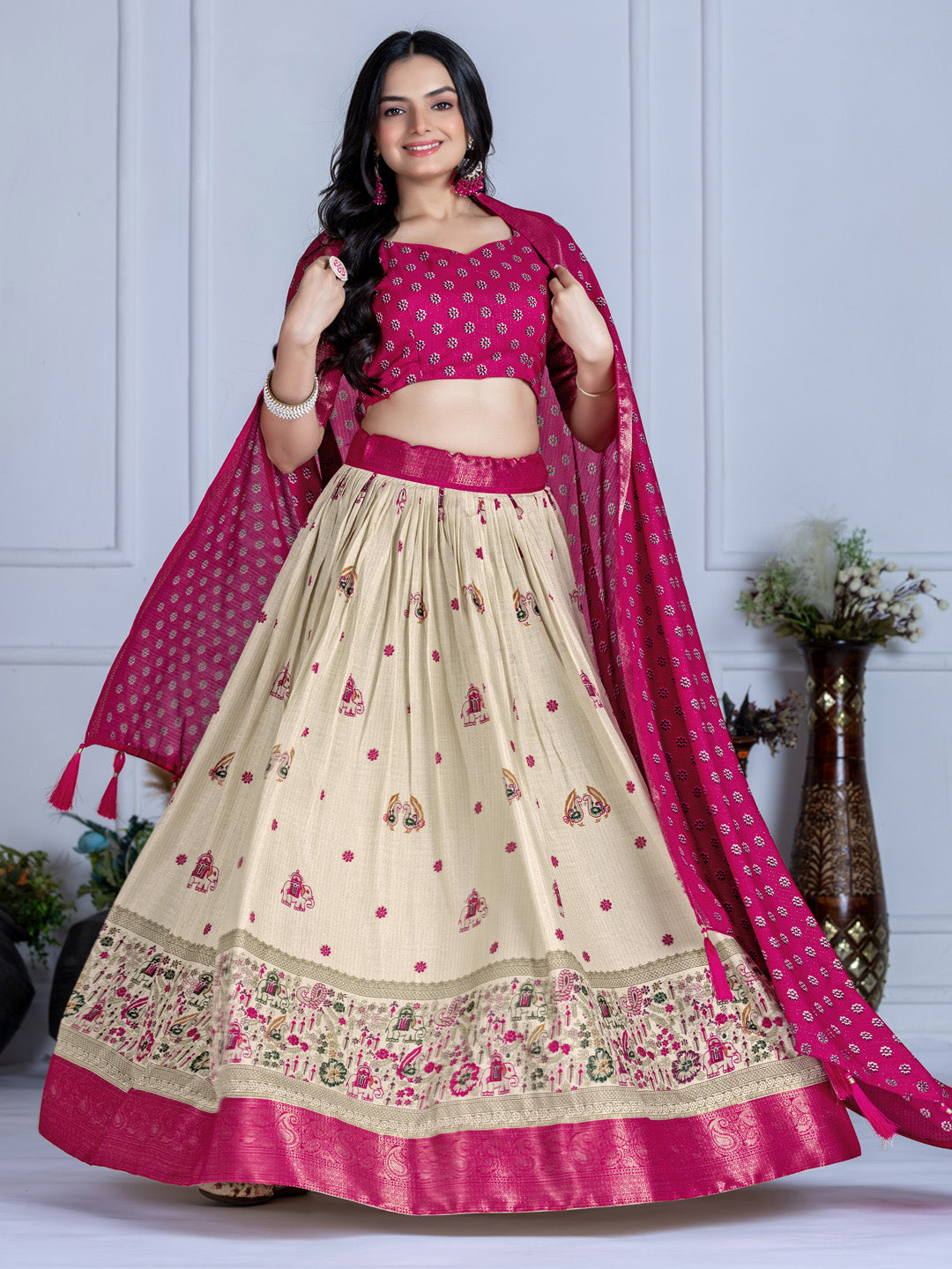 Heavy Lichi Silk Jacquard Lehenga Choli with Jari Lining & Matching Dupatta