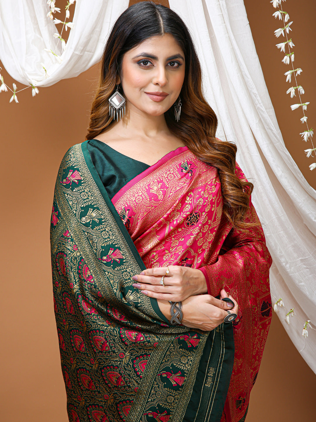 Pink Lichi Silk Jacquard Weaving Saree with Contrast Blouse