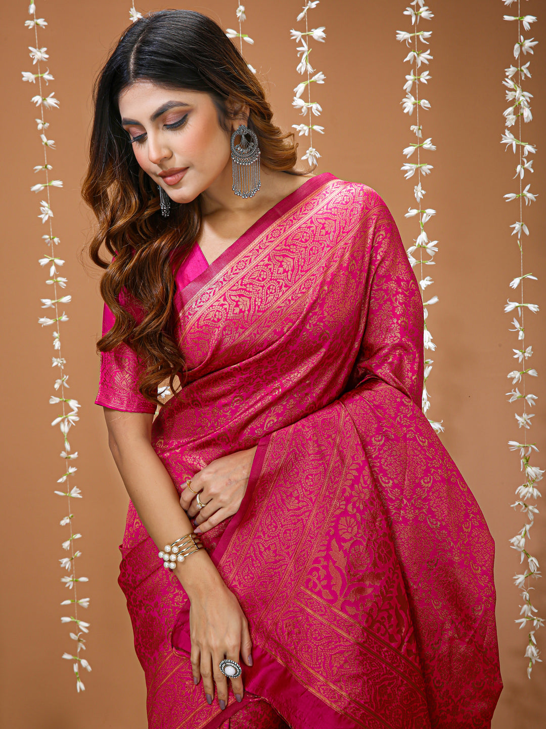 Pink Kanchipuram Lichi Silk Saree with Jacquard Border Blouse