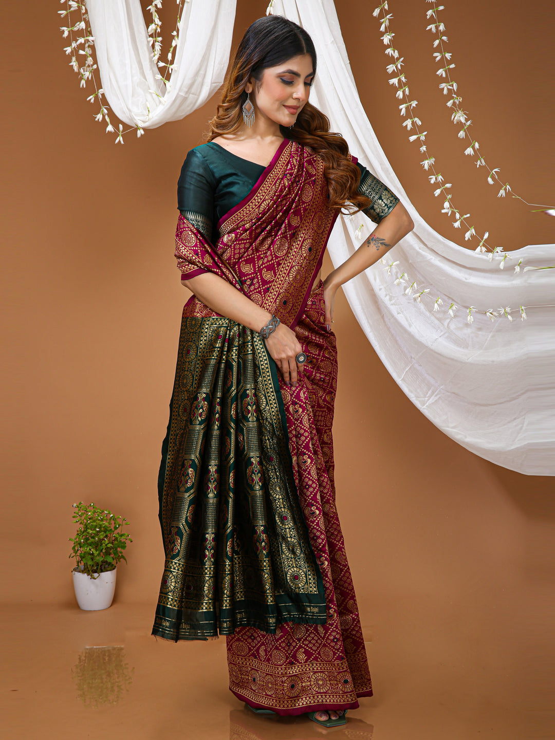 Magenta Soft Lichi Silk Saree with Rich Pallu & Jacquard Border