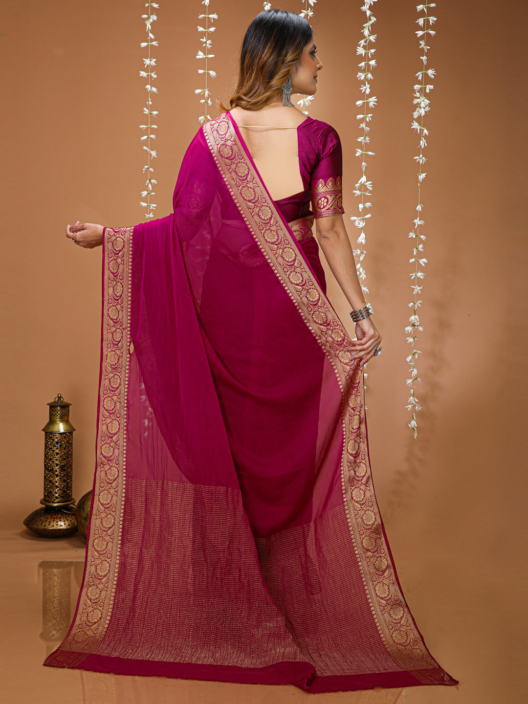 Pink Chinon Jacquard Saree with Matching Blouse