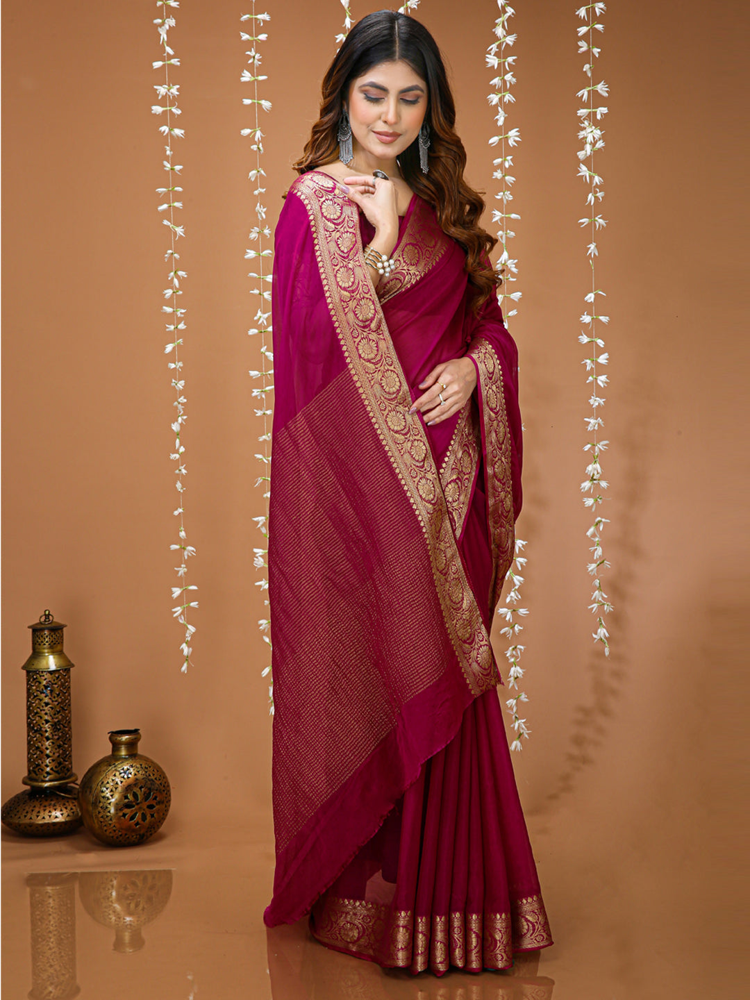 Pink Chinon Jacquard Saree with Matching Blouse