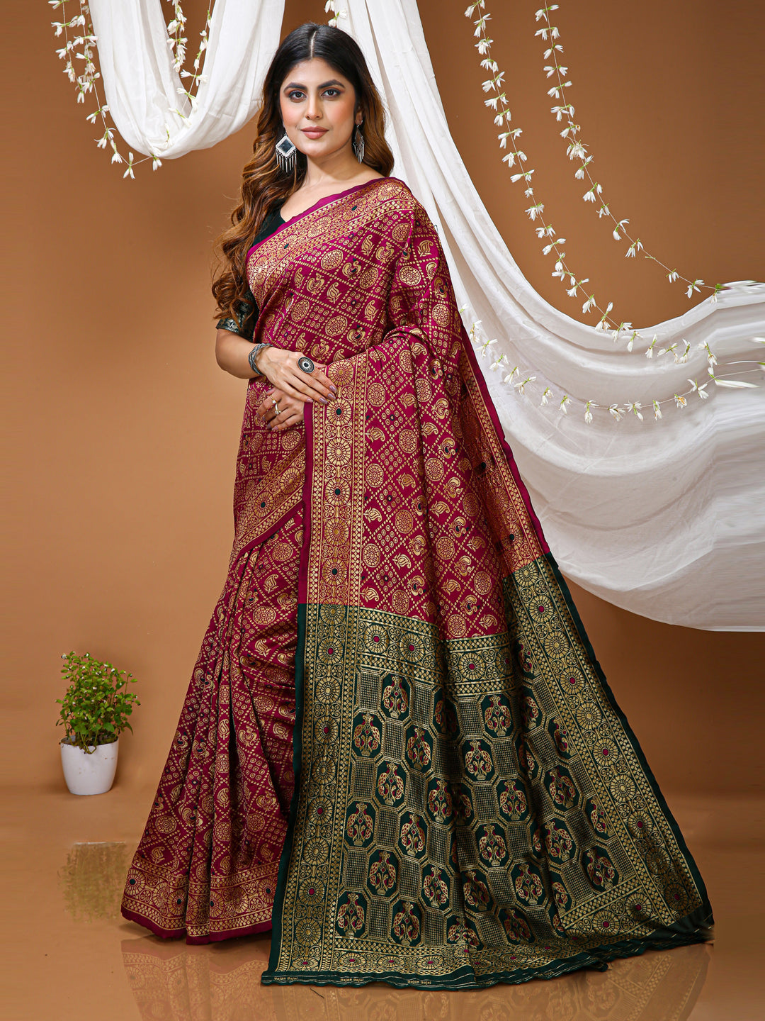 Magenta Soft Lichi Silk Saree with Rich Pallu & Jacquard Border
